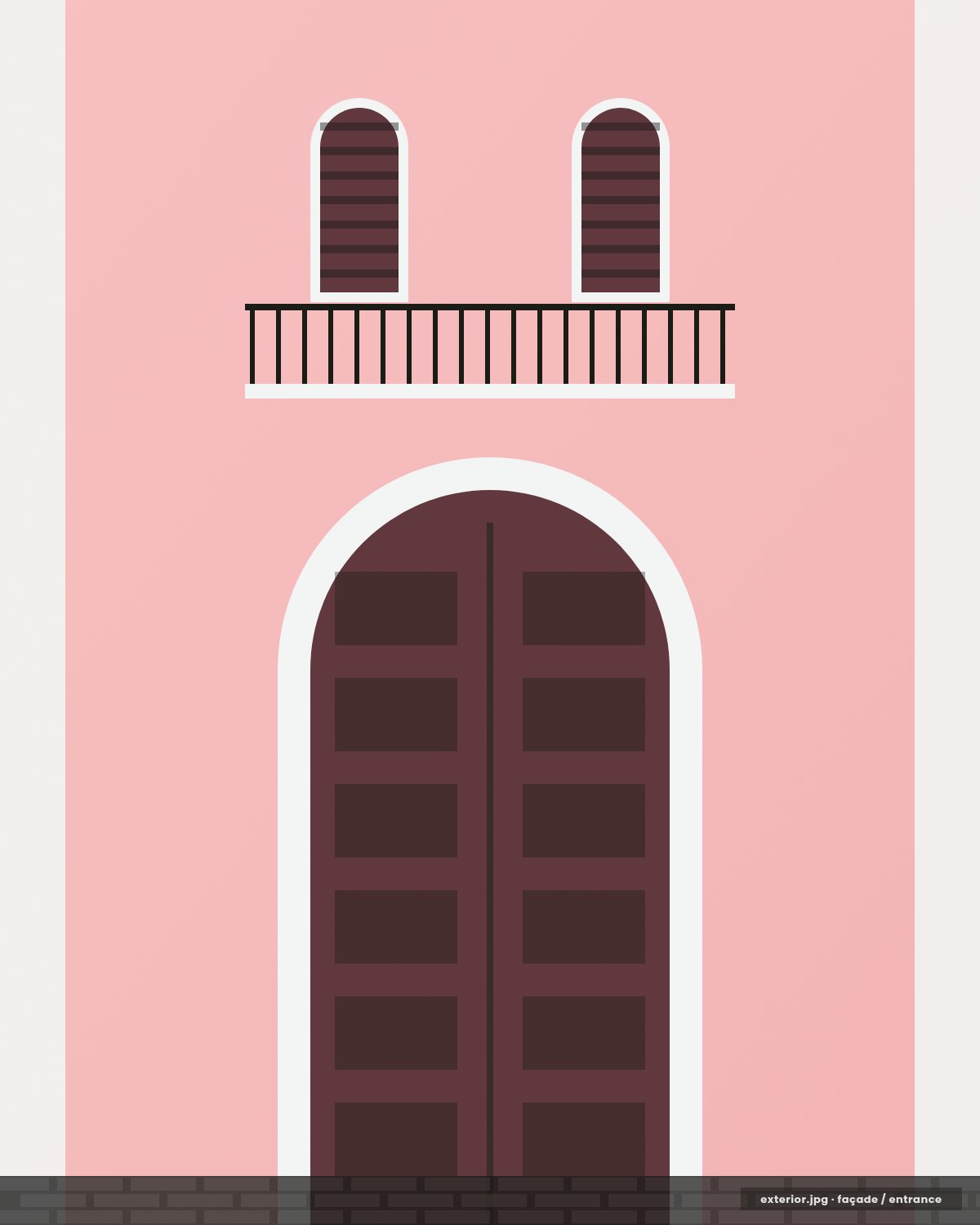The pink colonial façade and front door of Spanglish House